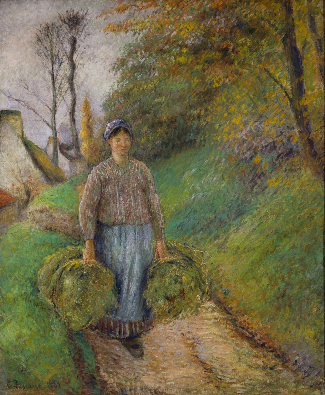 Talonpoikanainen kantoi kahta heinänippua tekijältä Camille Jacob Pissarro