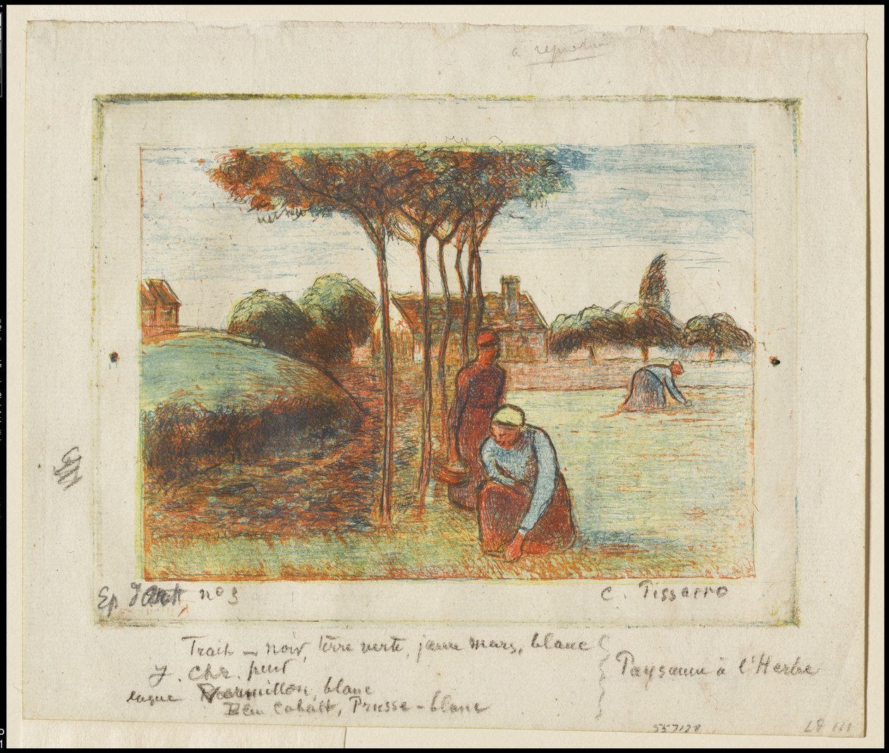 Talonpoikaisnaiset ruohoa kitkemässä, n. 1894 (etsaus painettu sinisellä, punaisella, keltaisella ja mustalla kermanväriselle paperille) tekijältä Camille Jacob Pissarro
