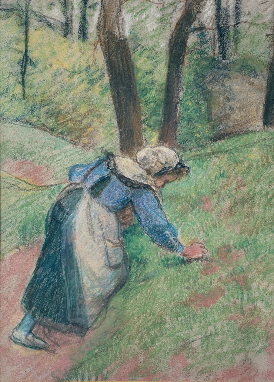 Talonpoikanainen kitkemässä ruohoa, c1894 tekijältä Camille Pissarro