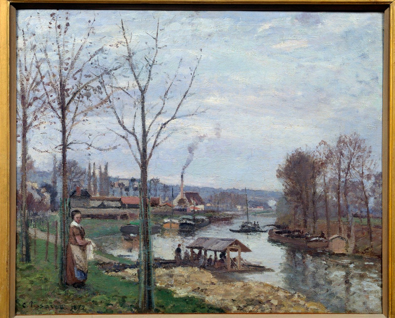 Port Marly (Port-Marly), pesuhuone Näkymä pesulasta Seinen varrella. Camille Pissarron (1830-1903) maalaus 1872 Su. 0,46x0,56 m Pariisi, musee d