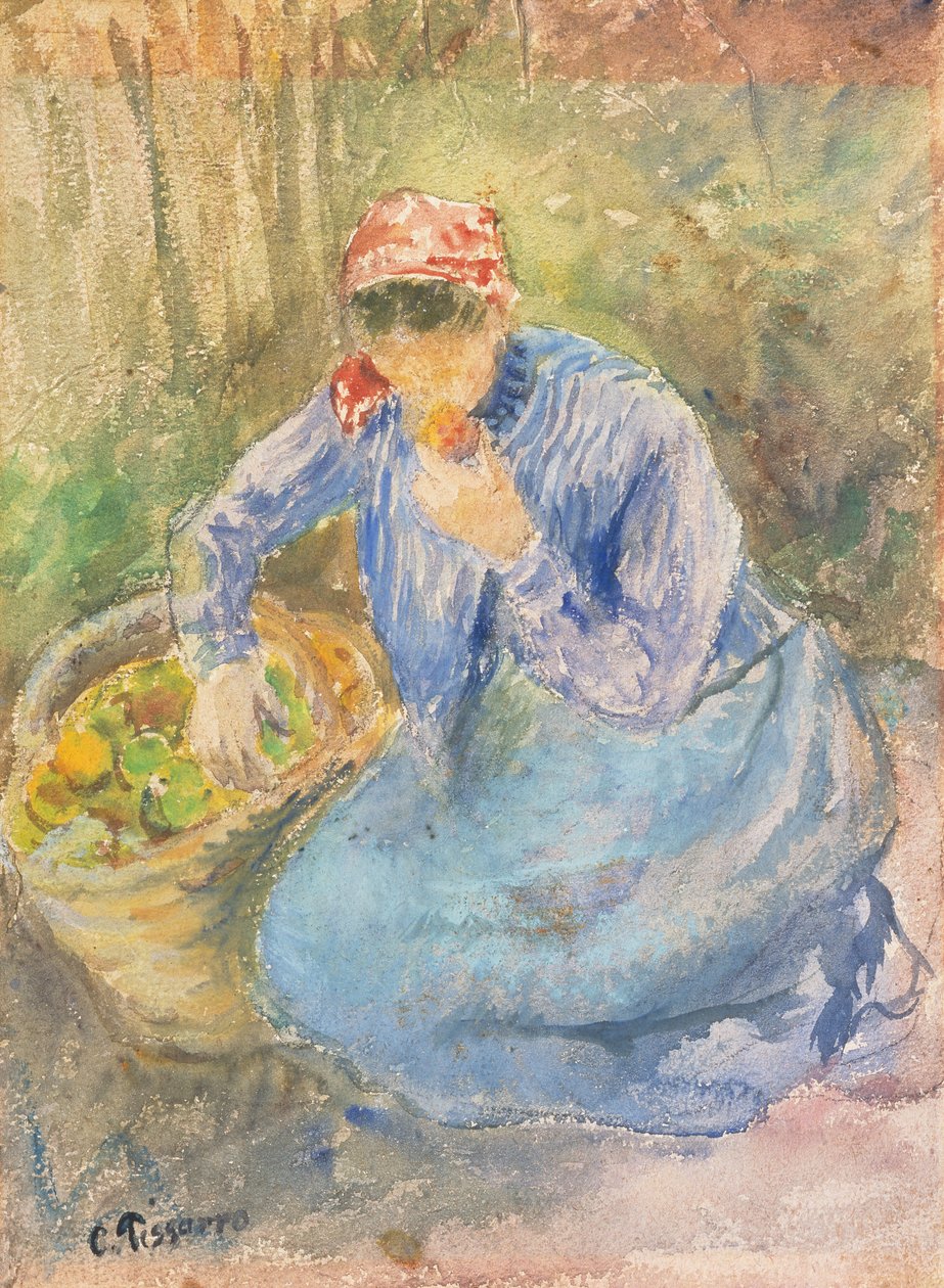 Istuva talonpoikanainen omenakorin kanssa (akvarelli) tekijältä Camille Pissarro