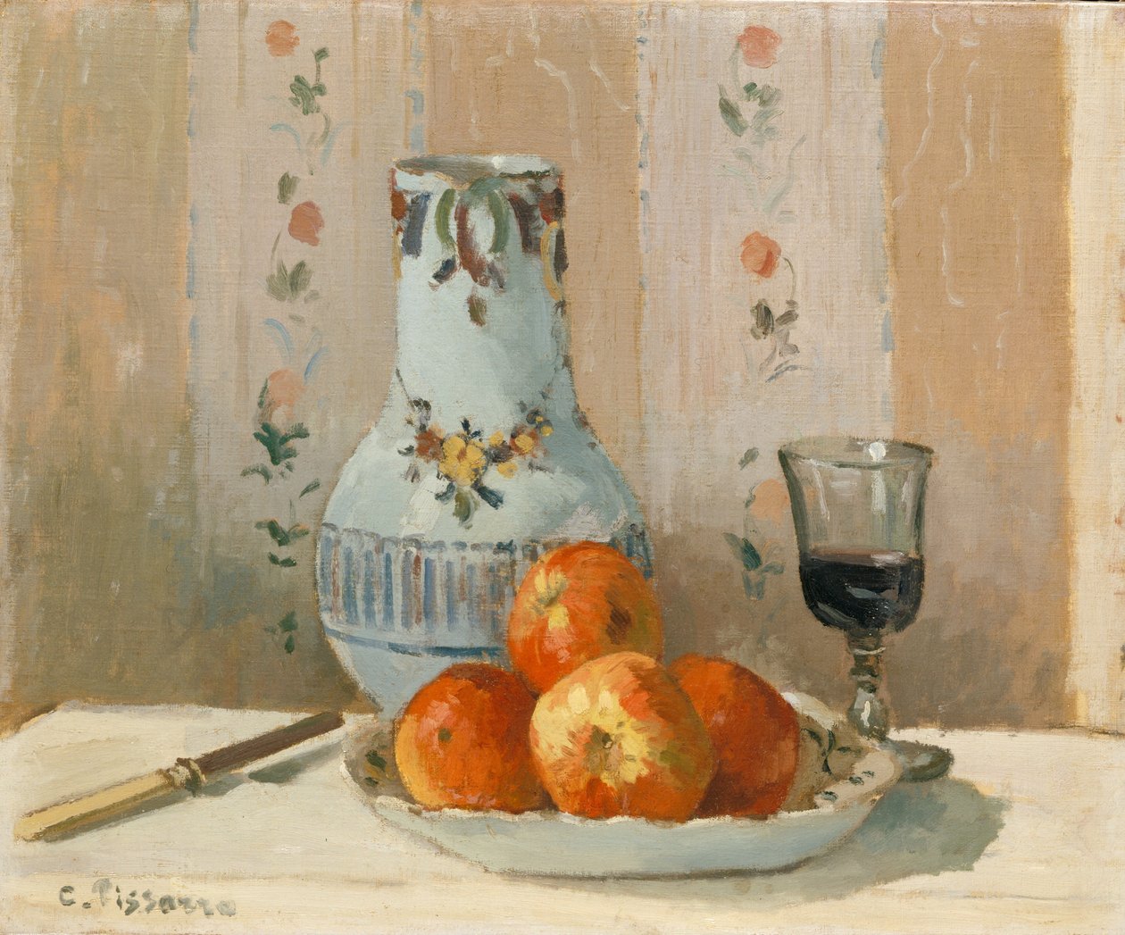 Asetelma omenoiden ja kannun kanssa, 1872. tekijältä Camille Jacob Pissarro