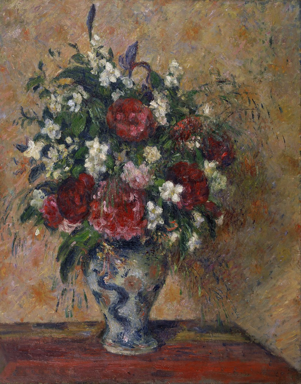 Asetelma pionien ja pilkka -appelsiinin kanssa tekijältä Camille Jacob Pissarro