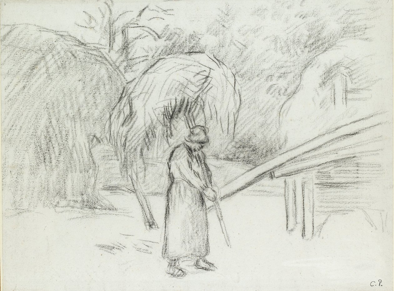 Tutkimus naistalonpojasta, joka kantaa heinäkuormaa Foucaultin pihalla, c1875 tekijältä Camille Pissarro