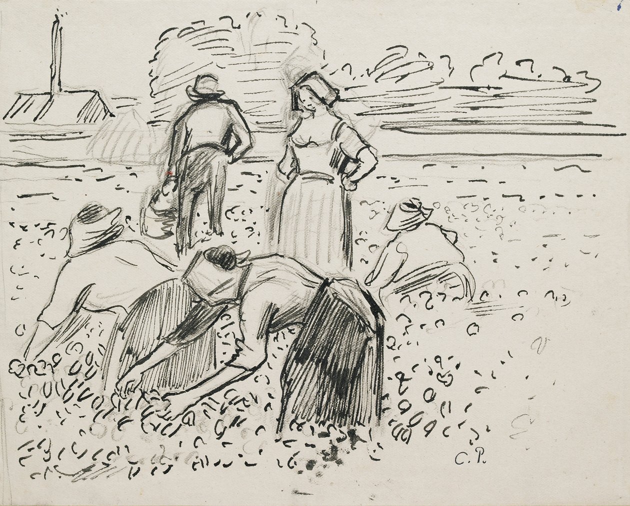 Tutkimus viidestä pellolla työskentelevästä talonpoikahahmosta, 1887 tekijältä Camille Pissarro