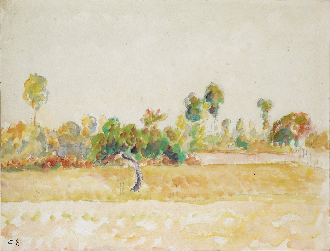 Tutkimus Eragny-sur-Epten hedelmätarhasta nähtynä taiteilijan talosta, c1886-1890 tekijältä Camille Pissarro