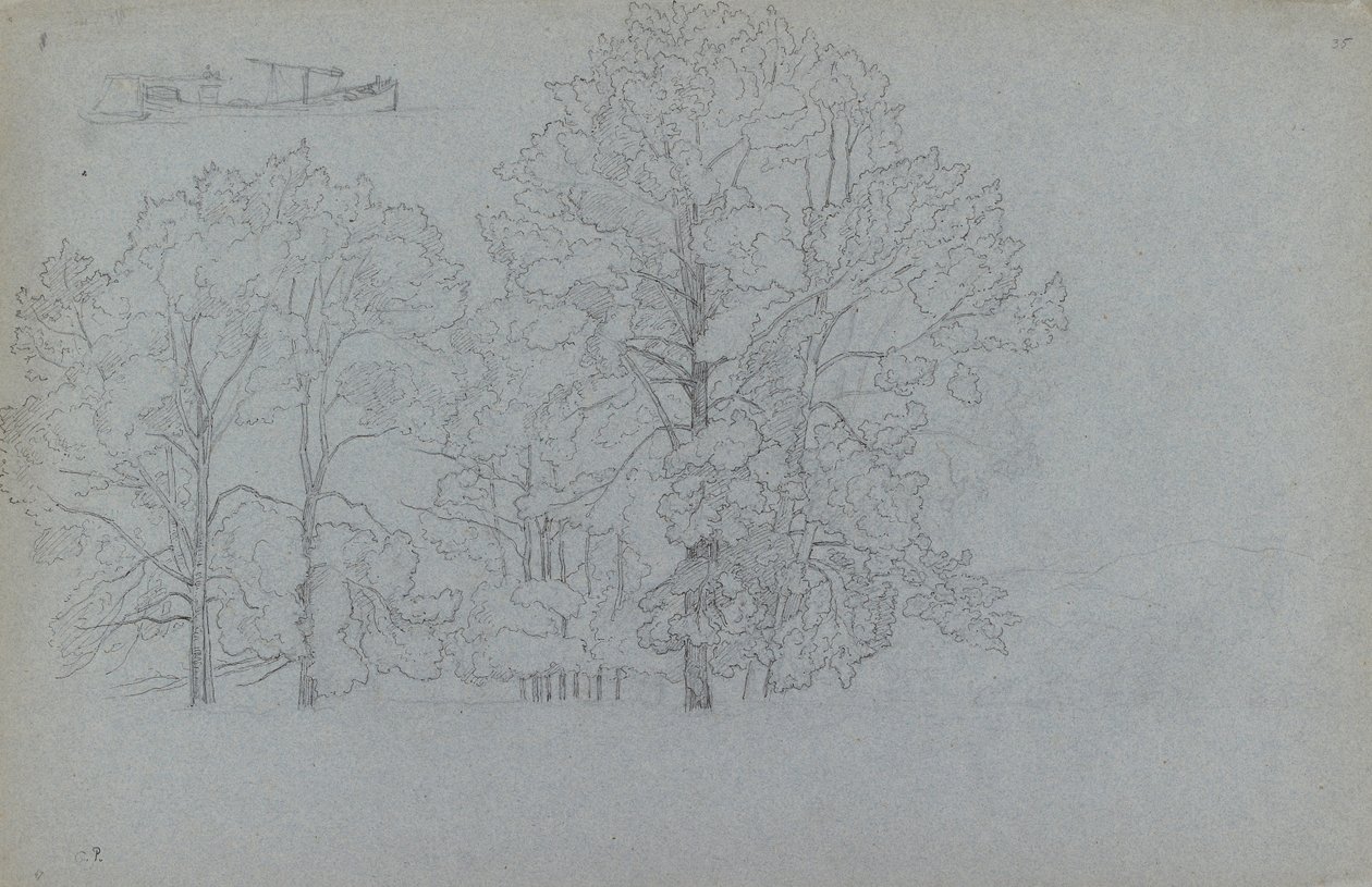 Puiden tutkimus, jossa pieni tutkimus proomusta, 1859 tekijältä Camille Pissarro