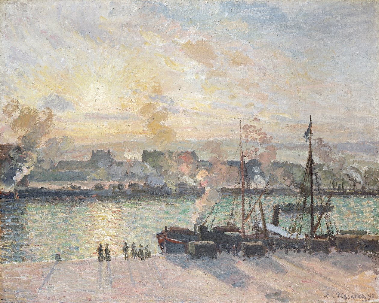 "Auringonlasku, Rouenin satama", Steamboats, 1898 tekijältä Camille Pissarro
