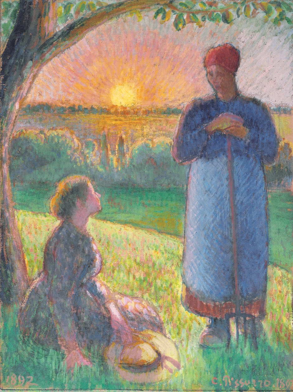 Puhuvat talonpojat, auringonlasku, Eragny tekijältä Camille Pissarro