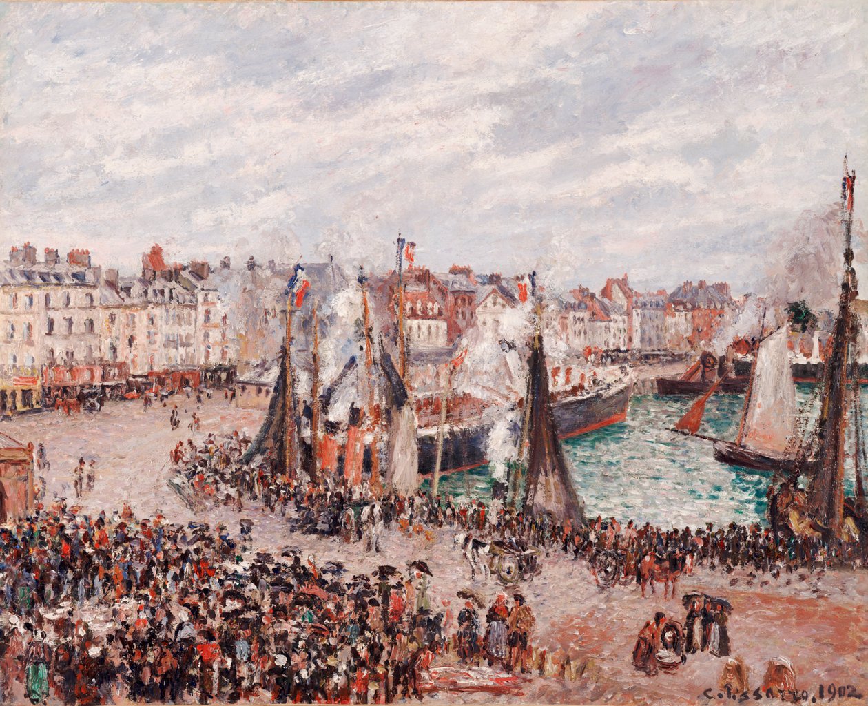 Kalamarkkinat, Dieppe: Harmaa sää, aamu tekijältä Camille Pissarro