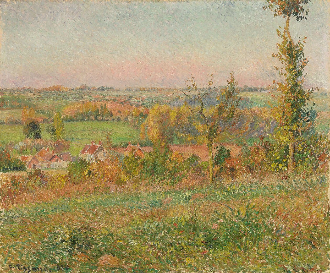 Thiercevillen kukkulat nähtynä Country Lane -alueelta, Eragnyn lähistöltä; Les coteaux de Thierceville vus de la cavee, environs d"Eragny, 1884 tekijältä Camille Jacob Pissarro