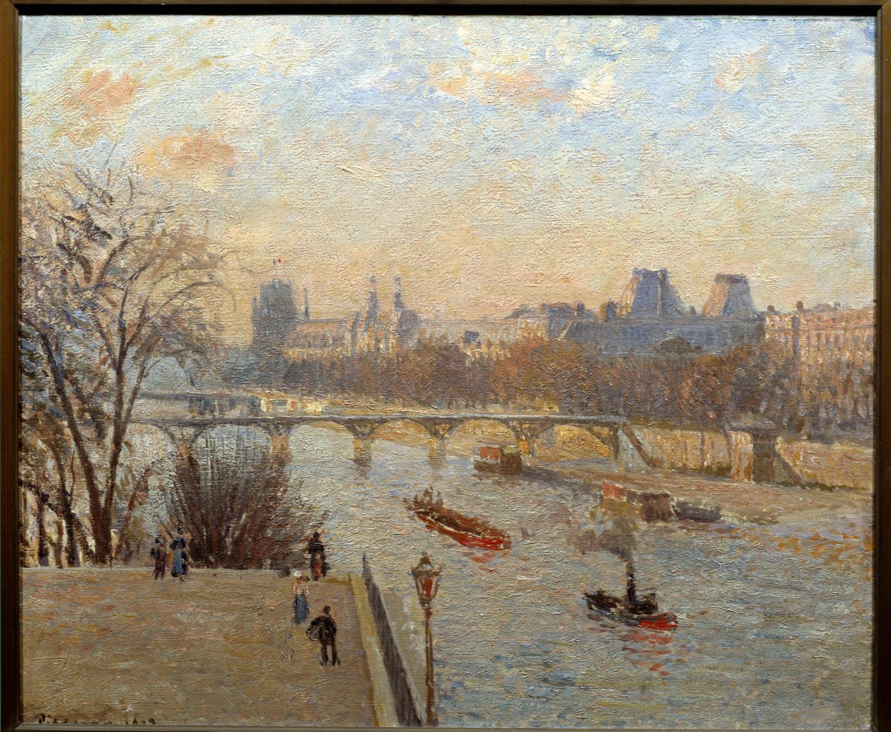 Louvre ja Pont des Arts Pariisissa Camille Pissarron (1830-1903) maalaus 1800-luvulta Reims, Musee des Beaux Arts tekijältä Camille Jacob Pissarro