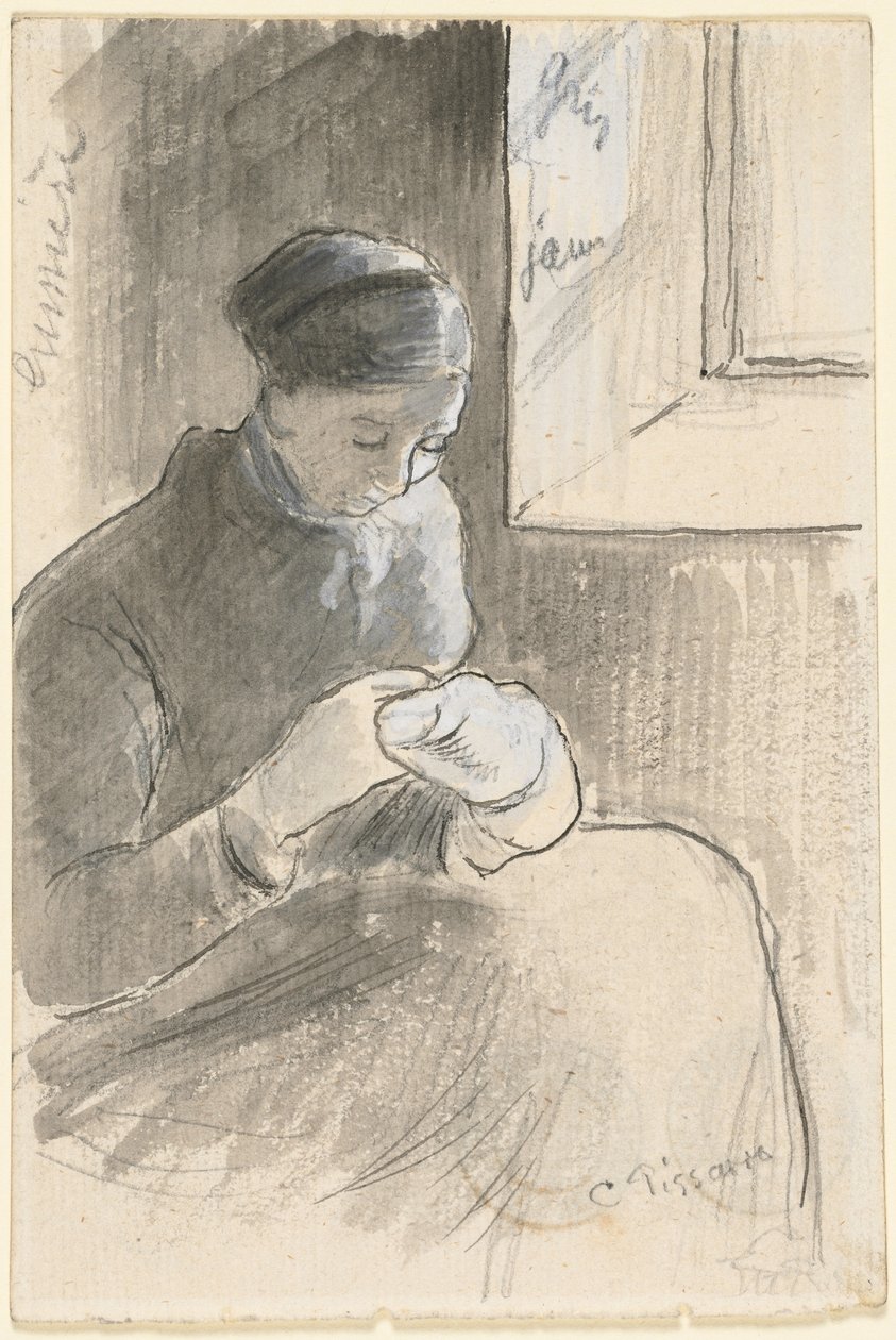 Parantaja, n.1881 (tussi, mustaa tussia, sivellin ja harmaa pesu grafiitin päällä, korotettu valkoisella guassilla). tekijältä Camille Pissarro