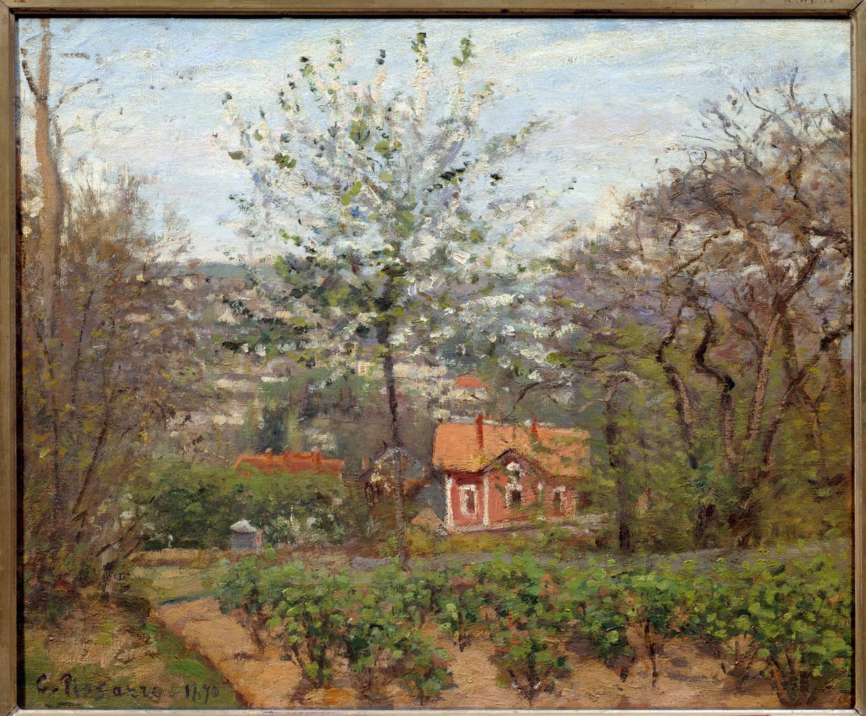 Mökki, vaaleanpunainen talo; sydämen lentävä kylä. Camille Pissarron (1830-1903) maalaus tekijältä Camille Jacob Pissarro