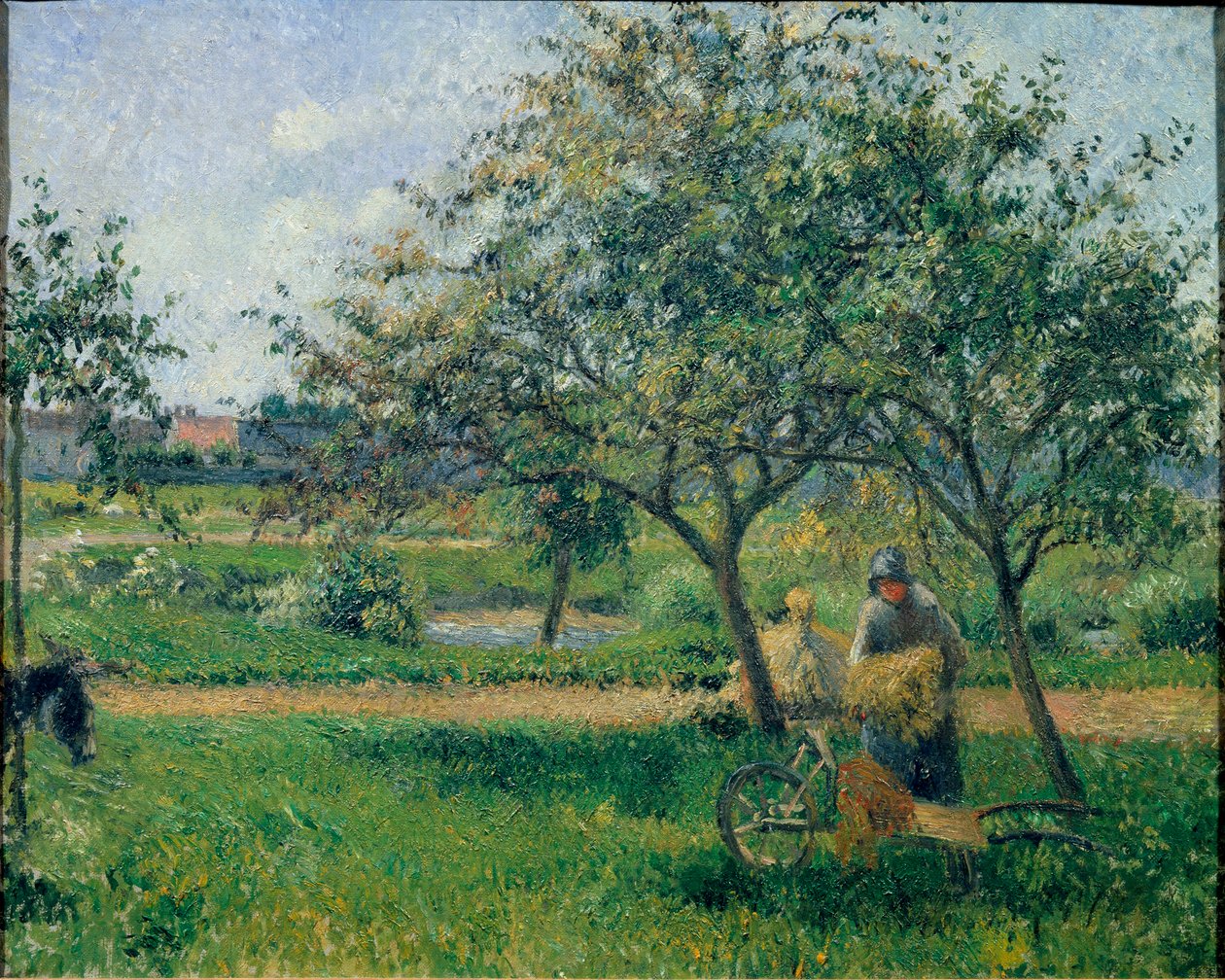 Kottikärryt, hedelmätarha, n. 1881 (öljy kankaalle) tekijältä Camille Jacob Pissarro