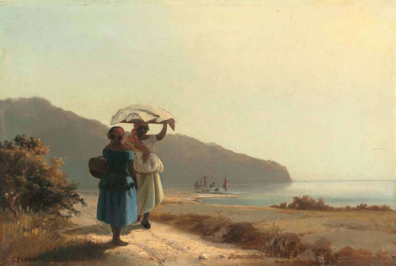 Kaksi naista juttelemassa meren rannalla, St. Thomas tekijältä Camille Pissarro