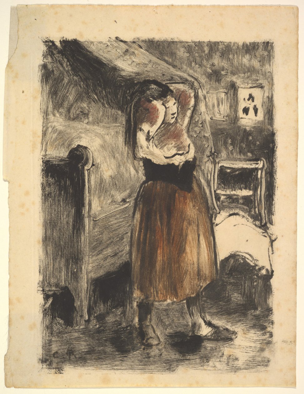 Nainen järjestämässä hiuksiaan, 1894. tekijältä Camille Jacob Pissarro