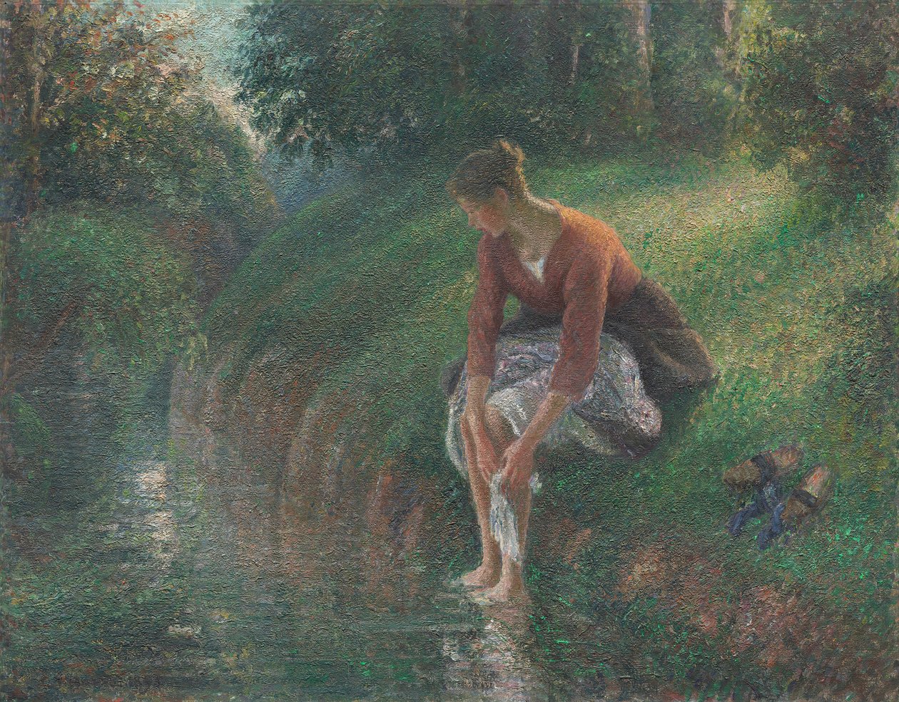 Nainen uimassa jalkojaan purossa, 189495. tekijältä Camille Pissarro