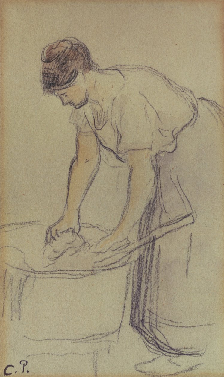 Nainen pesemässä pyykkiä (akvarelli ja kynä paperille) tekijältä Camille Pissarro