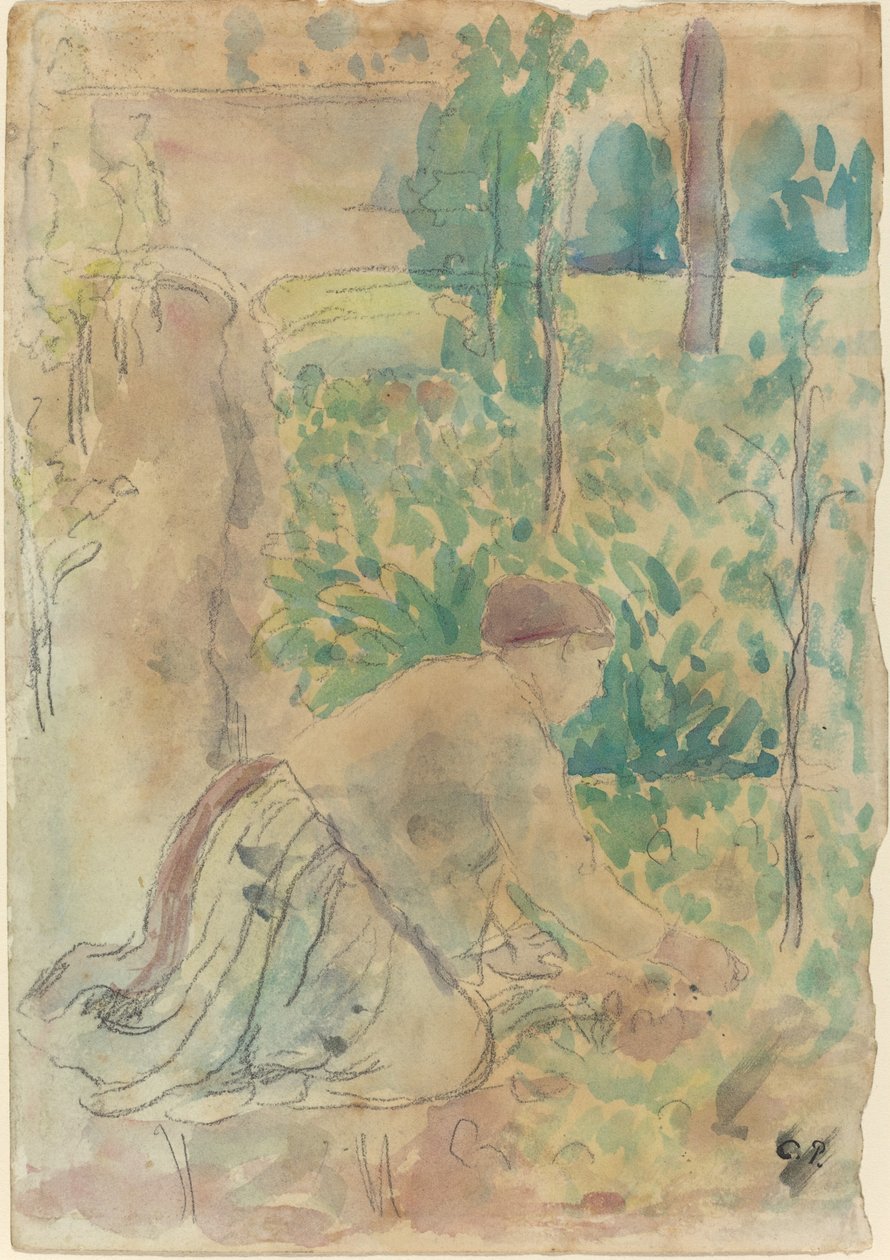 Nainen työskentelee puutarhassa tekijältä Camille Pissarro