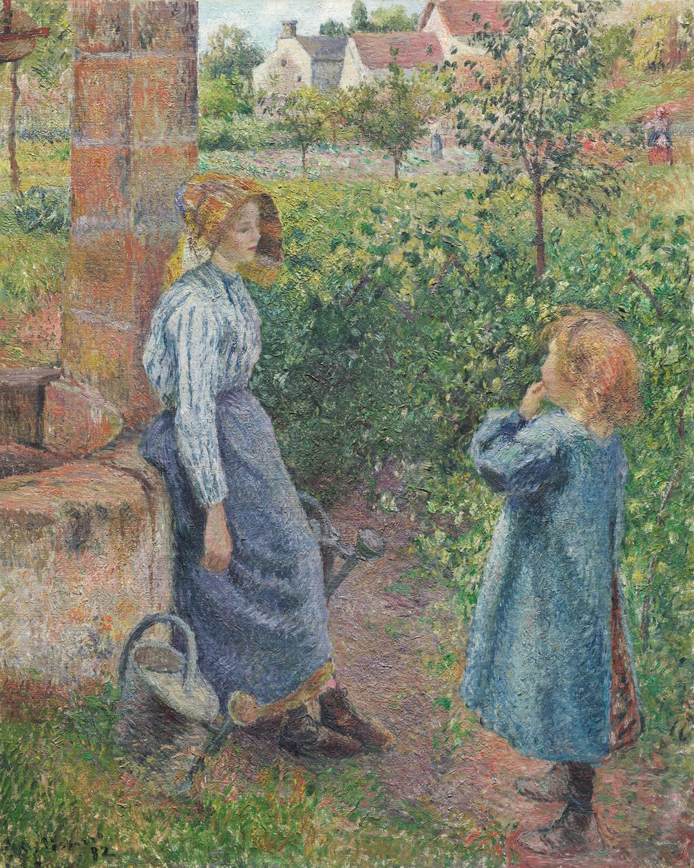 Nainen ja lapsi kaivolla tekijältä Camille Pissarro