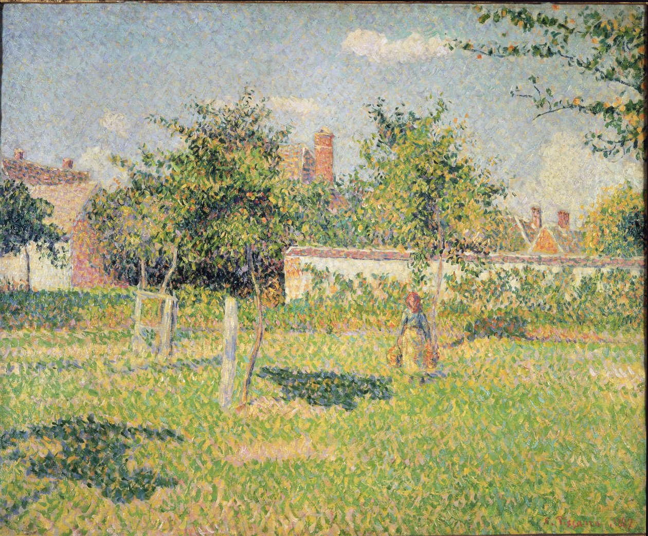 Nainen niityllä Eragnylla (tai kevätaurinko Eragnyn niityllä - öljy kankaalle tekijältä Camille Jacob Pissarro