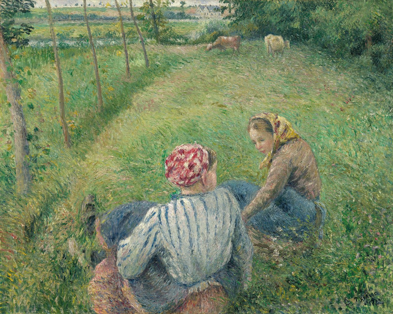 Nuoret talonpoikatytöt lepäävät pelloilla lähellä Pontoisia tekijältä Camille Pissarro