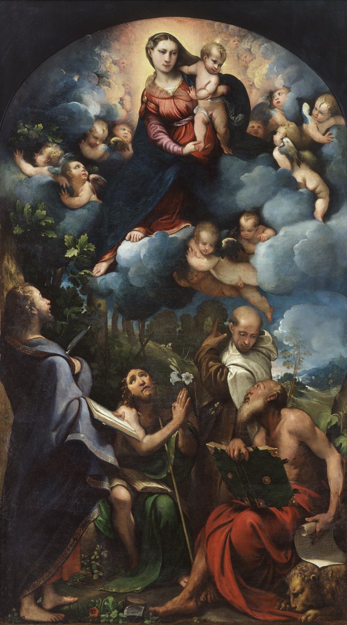 Madonna ja lapsi kunniassa Pyhän Bartolomeuksen, Pyhän Johannes Kastajan, Pyhän Albertin ja Pyhän Hieromuksen kanssa tekijältä Camillo Boccaccino