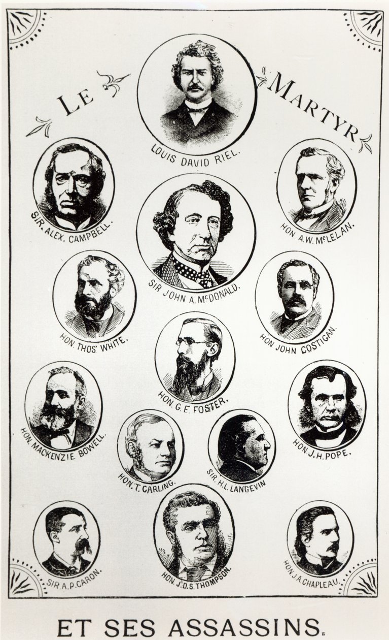 Louis Riel (1844-85) ja hänen salamurhaajat, kuvitus Le Gibet de Reginasta, julkaistu 1886 tekijältä Canadian School