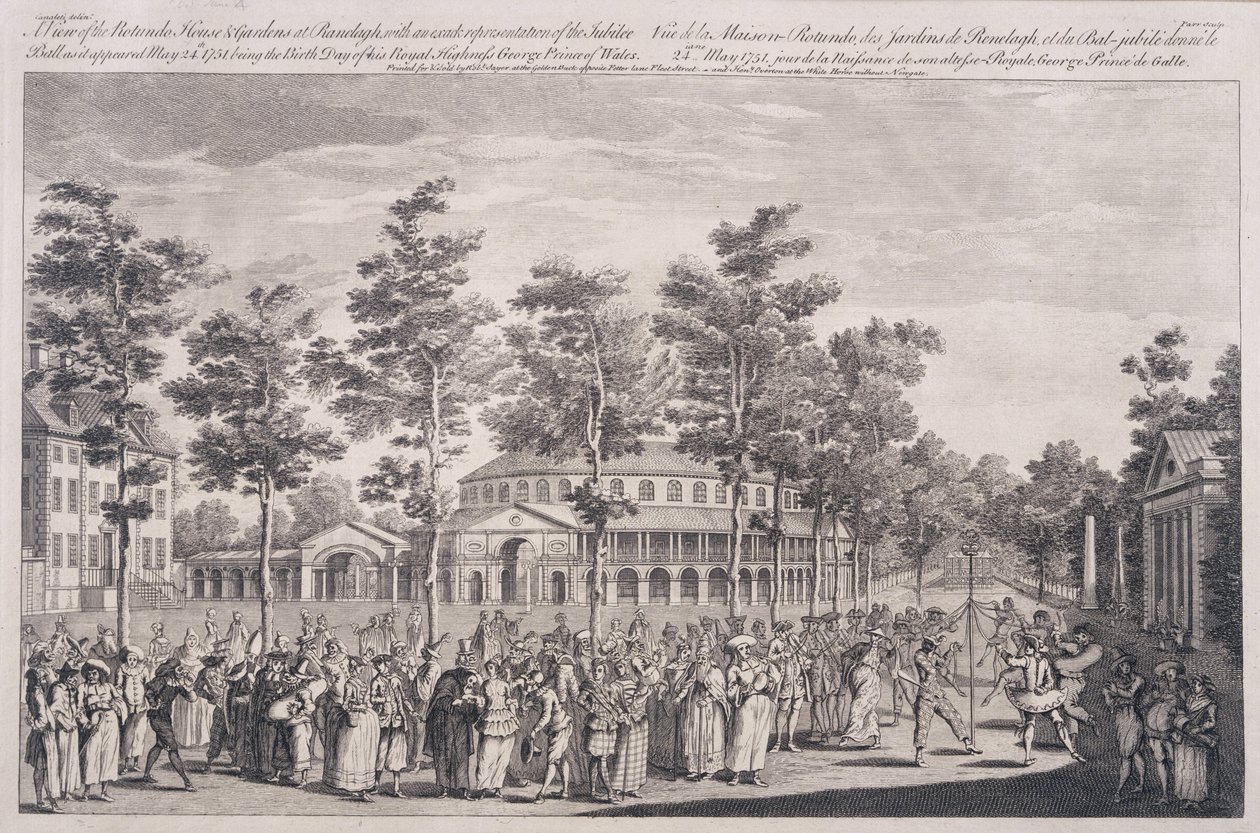 Näkymä Rotundalle, Ranelagh House, Ballissa Walesin prinssin HRH:n syntymäpäivän kunniaksi 24. toukokuuta 1751, kaiverrettu Parr tekijältä Canaleti