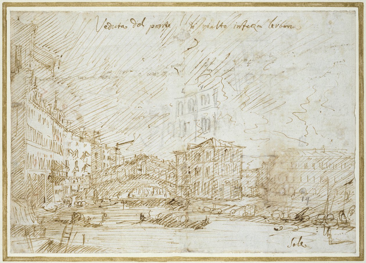 Ponte de Rialto (kynä ja ruskea muste paperille) tekijältä Giovanni Antonio Canal