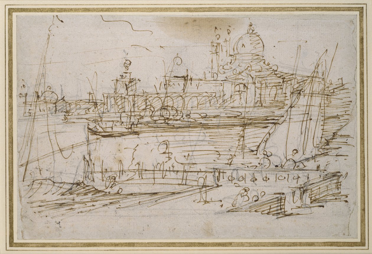 Venetsia: Dogana ja S. Maria della Salute Molo di Terranovasta (kynä ja ruskea muste mustan liidun päällä) tekijältä Giovanni Antonio Canal