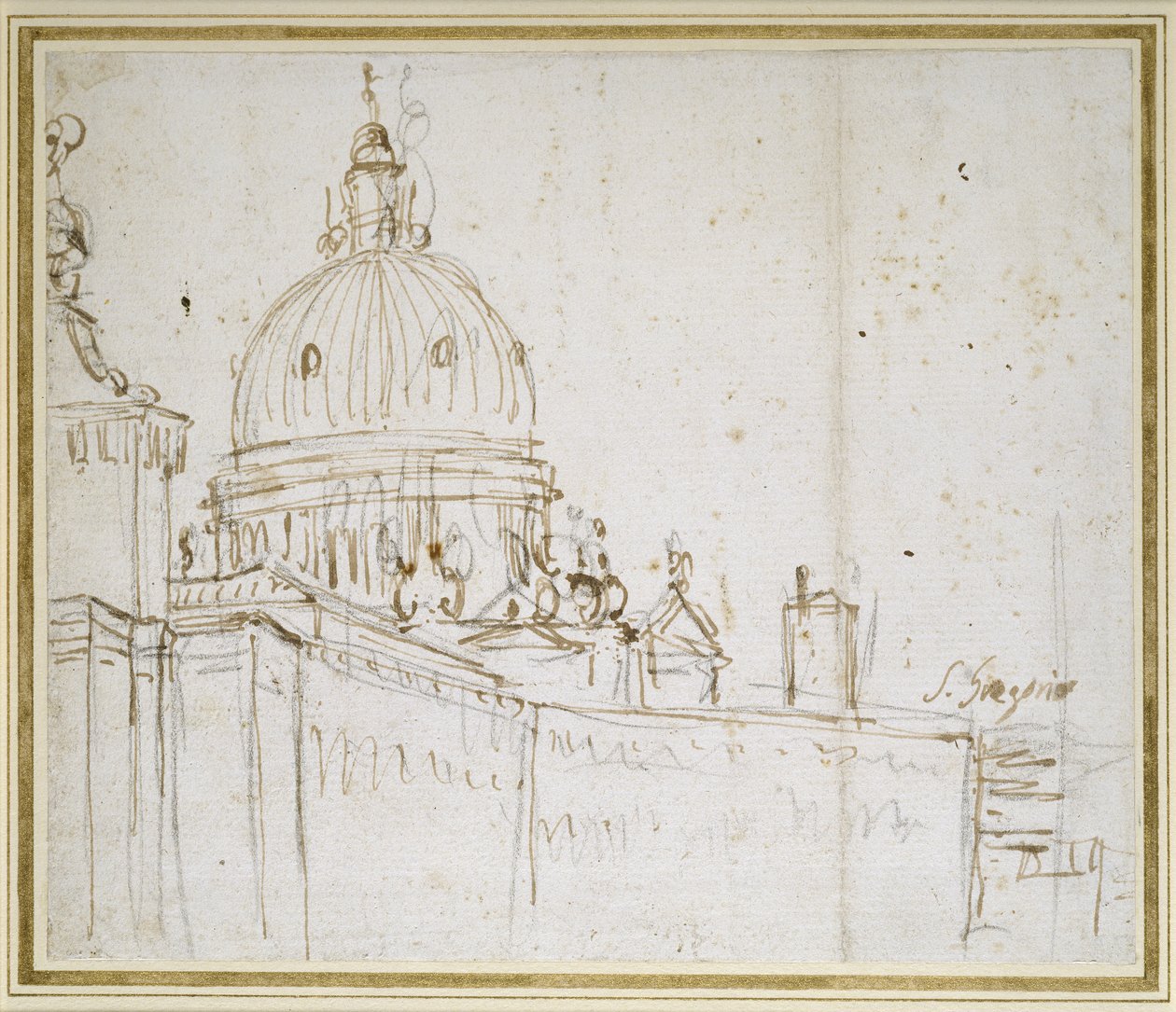 Venetsia: Dogana di Mare ja S. Maria della Salute (kynä ja ruskea muste mustan liidun päällä) tekijältä Giovanni Antonio Canal