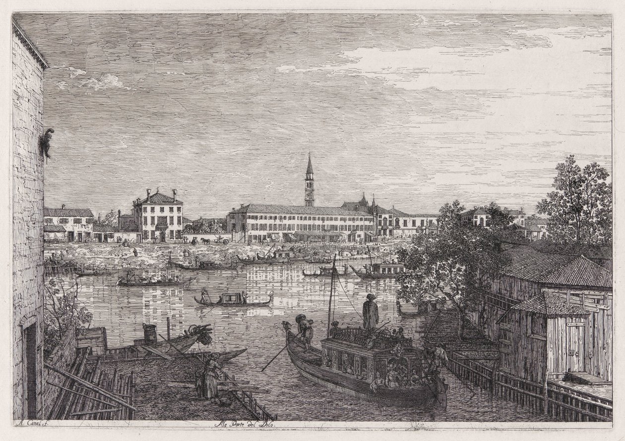 Ale Porte del Dolo (Dolon sulkuilla), sarjasta Vedute (Näkymät) tekijältä Canaletto (Giovanni Antonio Canal)