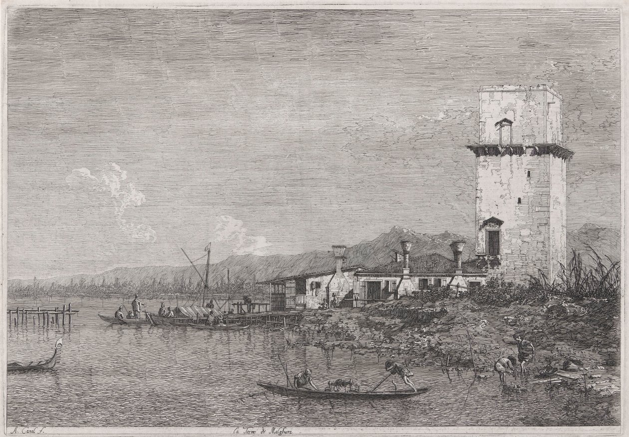 La Torre di Malghera (Malgheran torni), sarjasta Vedute (Näkymät) tekijältä Canaletto (Giovanni Antonio Canal)