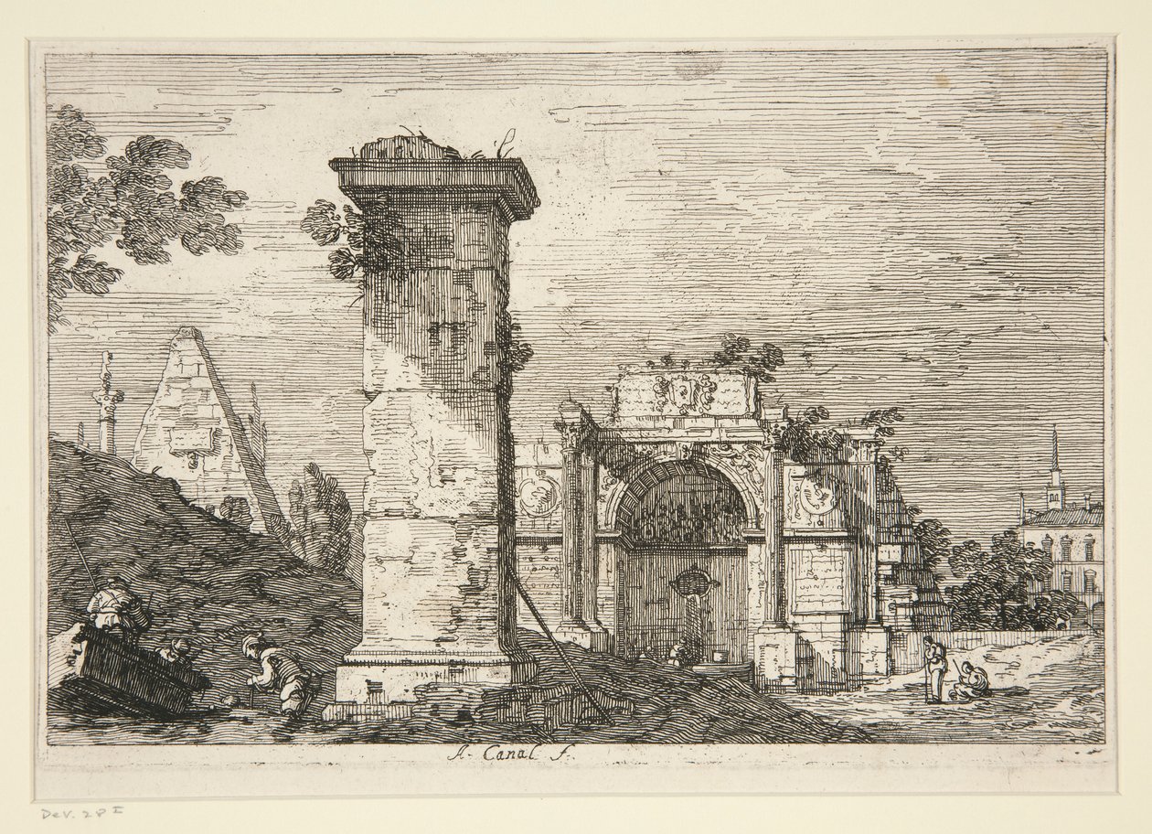 Maisema raunioineen monumentteineen, sarjasta Vedute (Views) tekijältä Canaletto (Giovanni Antonio Canal)