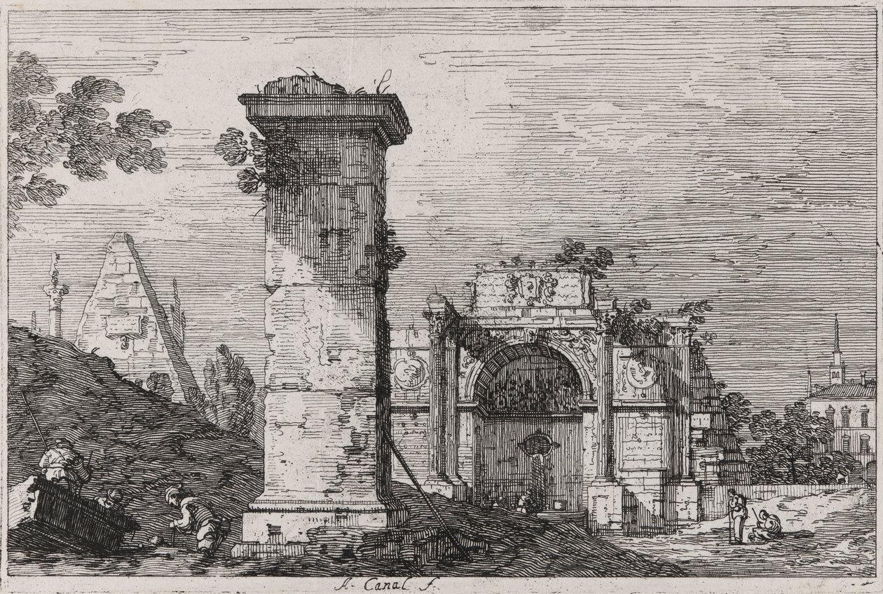 Maisema raunioineen monumentteineen, sarjasta Vedute (Näkymät) tekijältä Canaletto (Giovanni Antonio Canal)