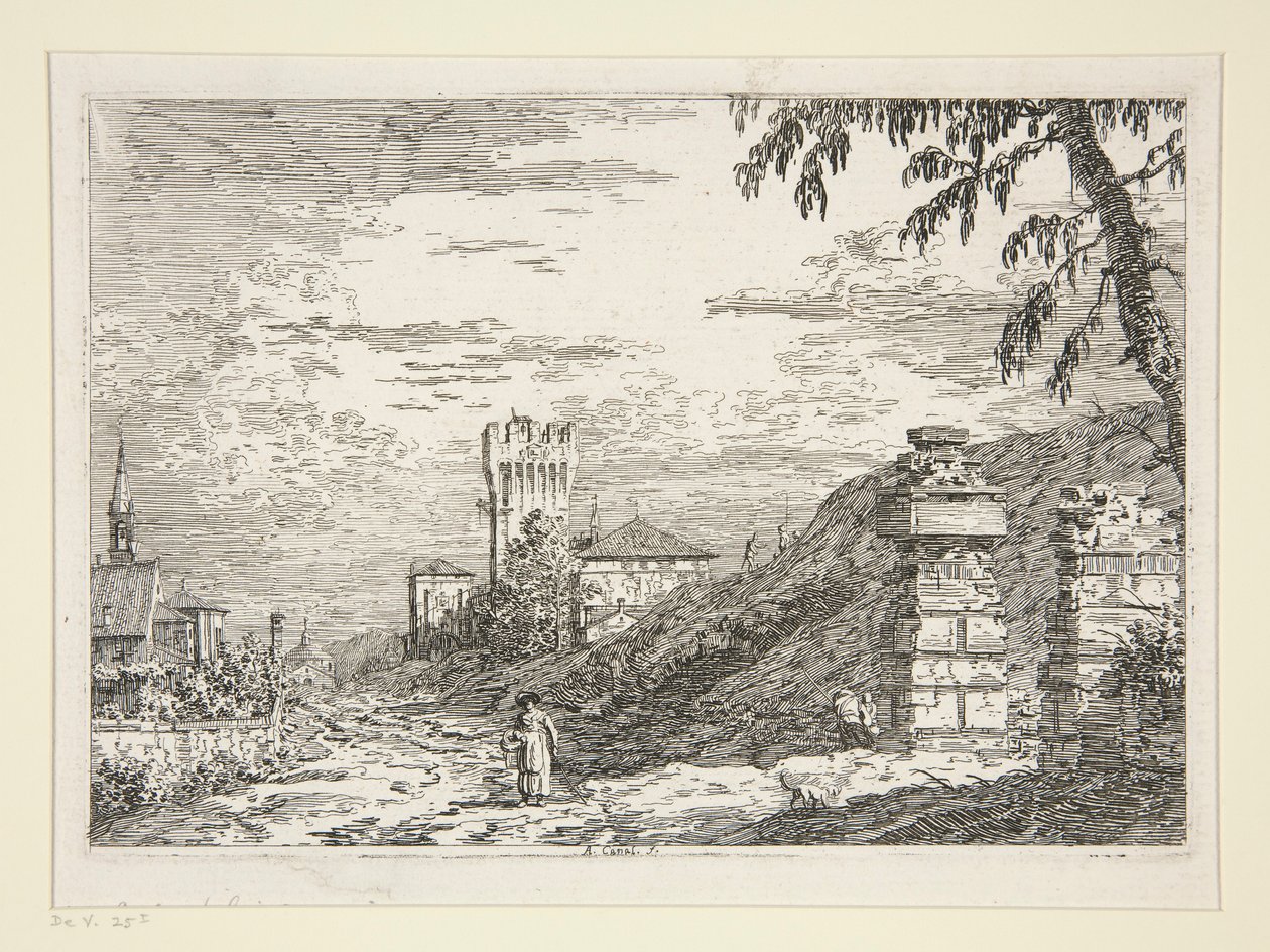 Maisema tornin ja kahden raunioitetun pilarin kanssa, sarjasta Vedute (Views) tekijältä Canaletto (Giovanni Antonio Canal)