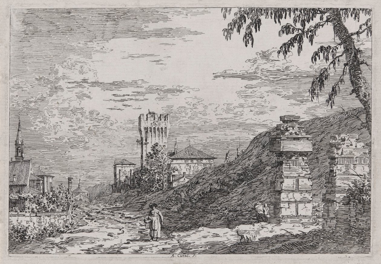 Maisema tornin ja kahden raunioitetun pilarin kanssa, sarjasta Vedute (Views) tekijältä Canaletto (Giovanni Antonio Canal)
