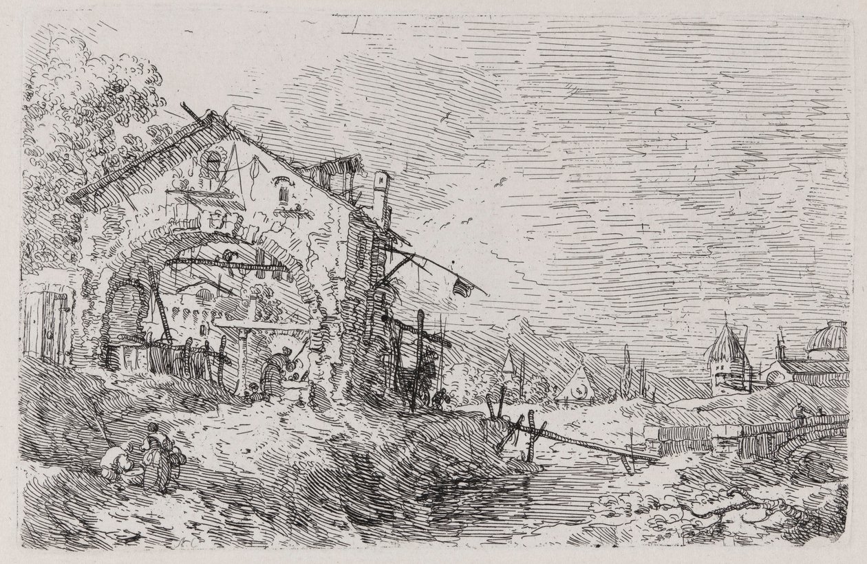 Maisema naisen kanssa kaivossa sarjasta Vedute (Views) tekijältä Canaletto (Giovanni Antonio Canal)