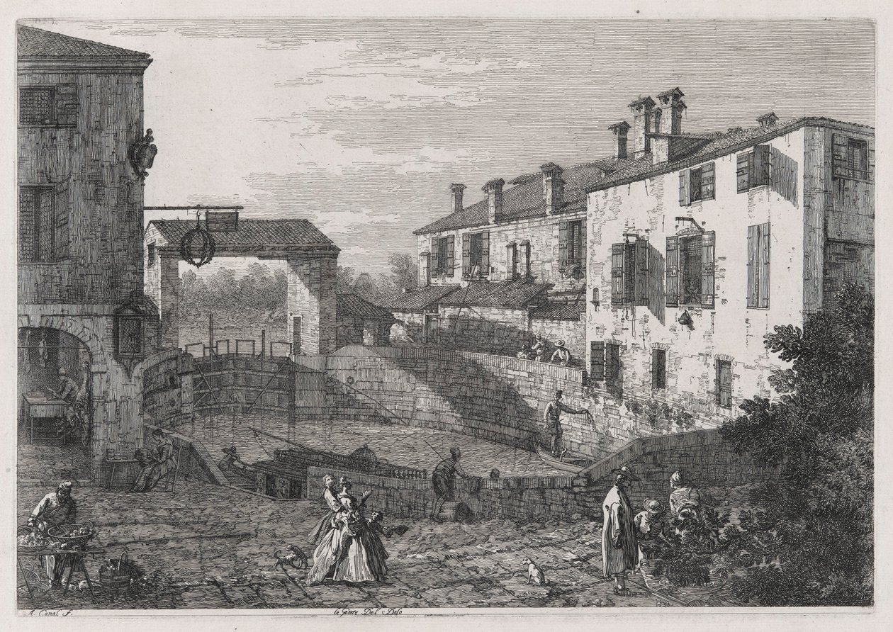 Le Porte Del Dolo (Dolon lukot), sarjasta Vedute (Näkymät) tekijältä Canaletto (Giovanni Antonio Canal)