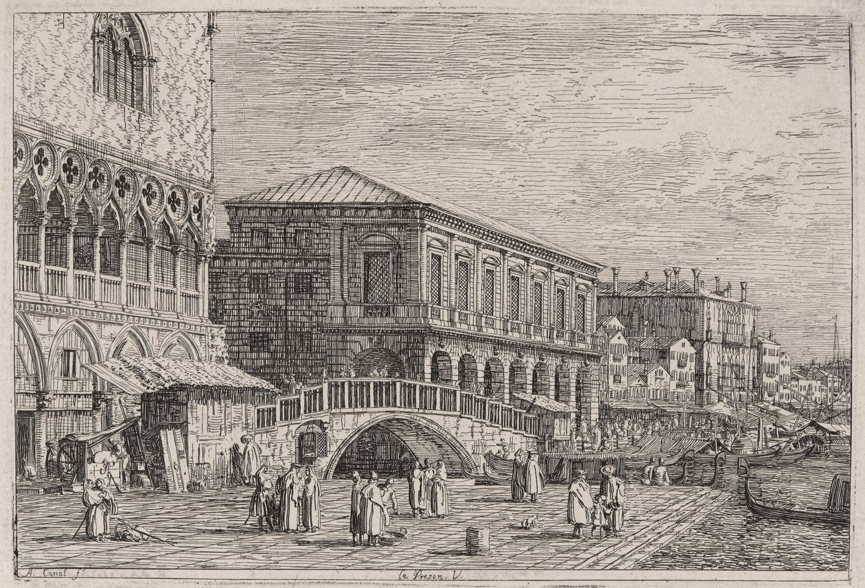 Le Preston. V. (The Prison, Venetsia]), sarjasta Vedute (Views) tekijältä Canaletto (Giovanni Antonio Canal)