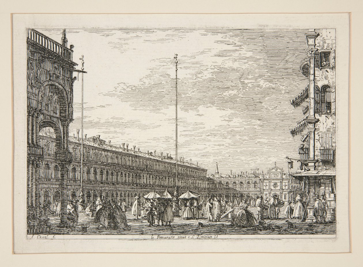 Le Procuratie Nuove e S. Ziminian V. (Procuratic Nuove ja San Geminianon kirkko, Venetsia), sarjasta Vedute (Näkymät) tekijältä Canaletto (Giovanni Antonio Canal)