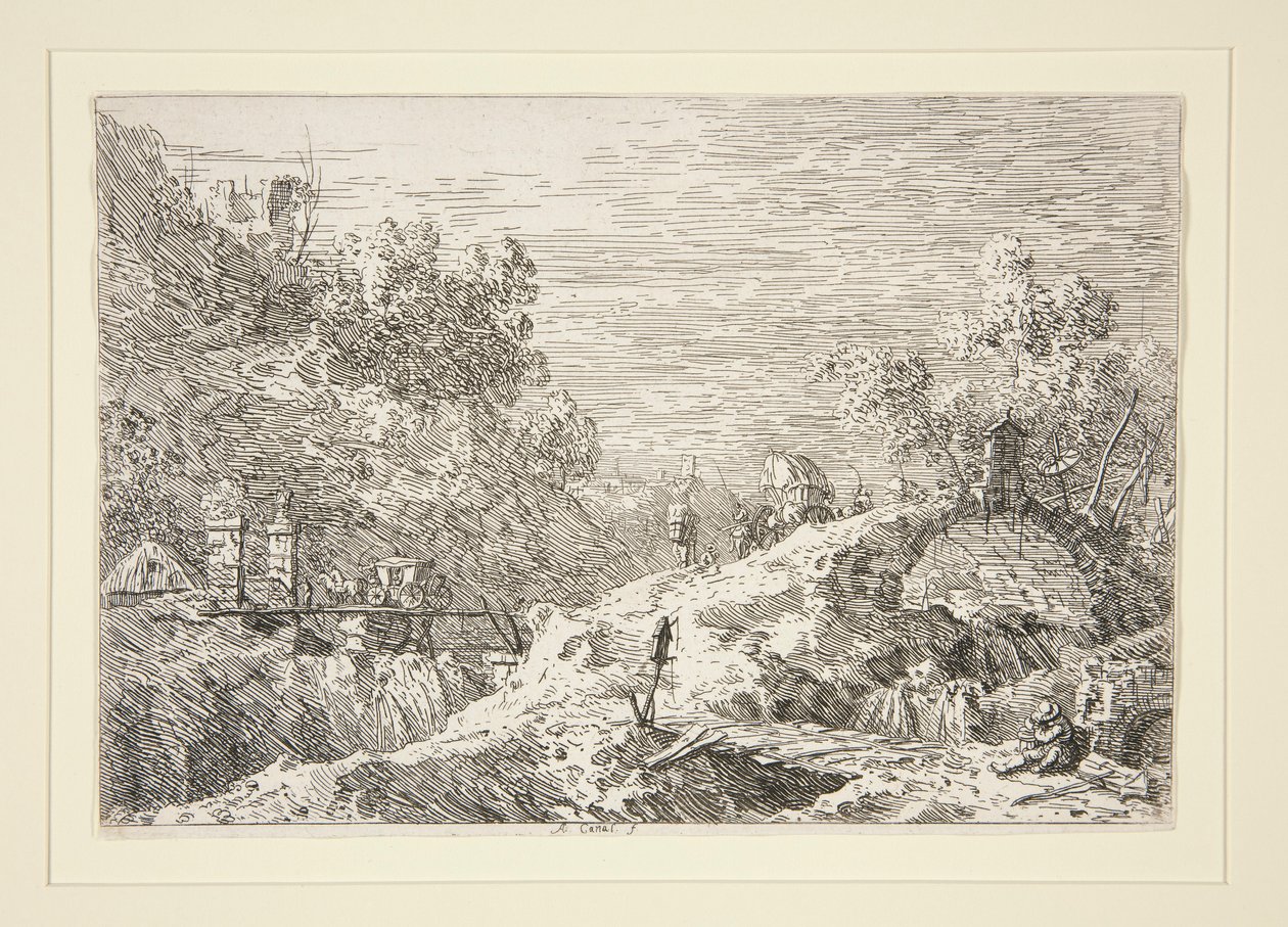 Vuoristomaisema viidellä sillalla, sarjasta Vedute (Views) tekijältä Canaletto (Giovanni Antonio Canal)