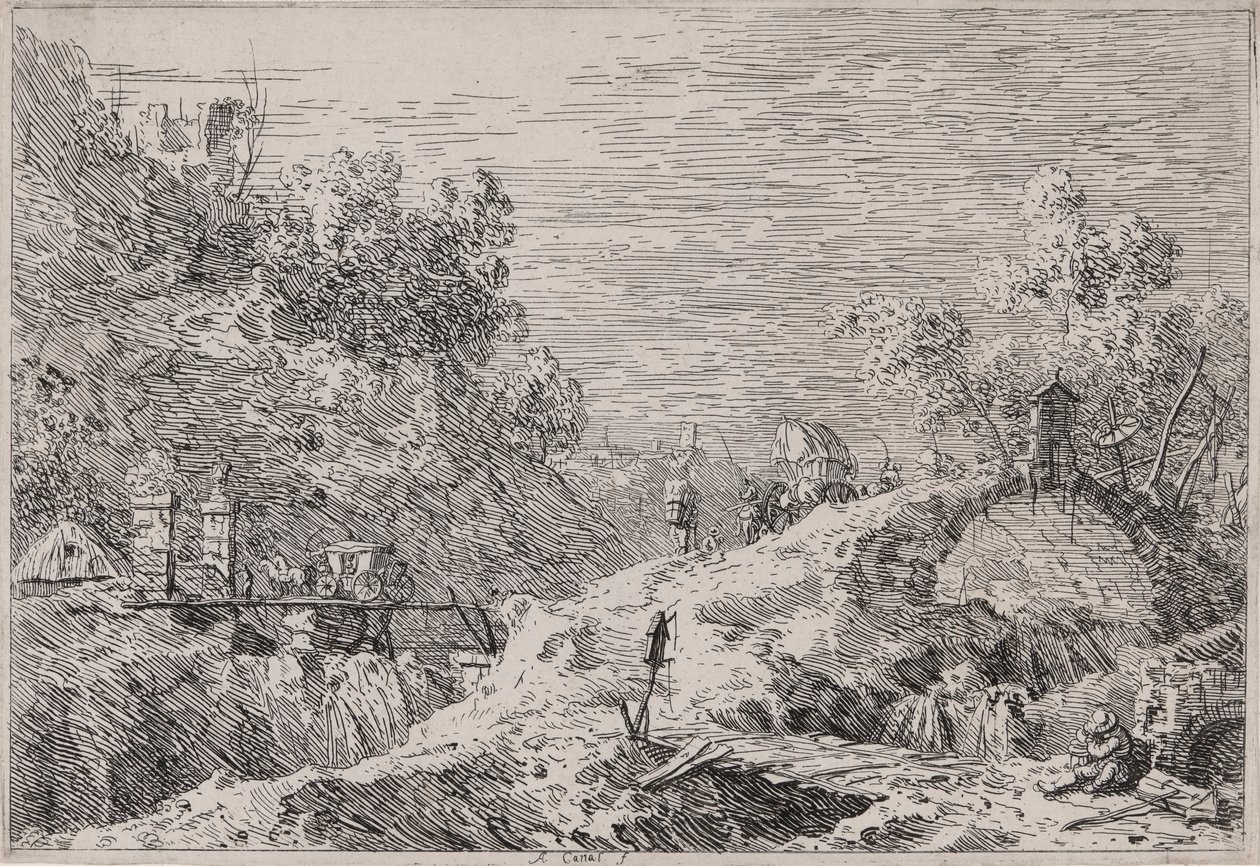 Vuoristomaisema viidellä sillalla, sarjasta Vedute (Views) tekijältä Canaletto (Giovanni Antonio Canal)