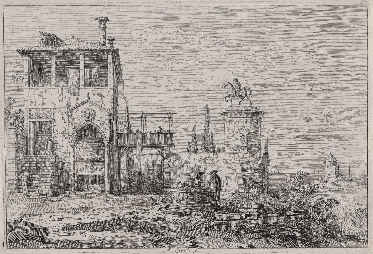 Ratsastusmonumentti sarjasta Vedute (Näkymät) tekijältä Canaletto (Giovanni Antonio Canal)