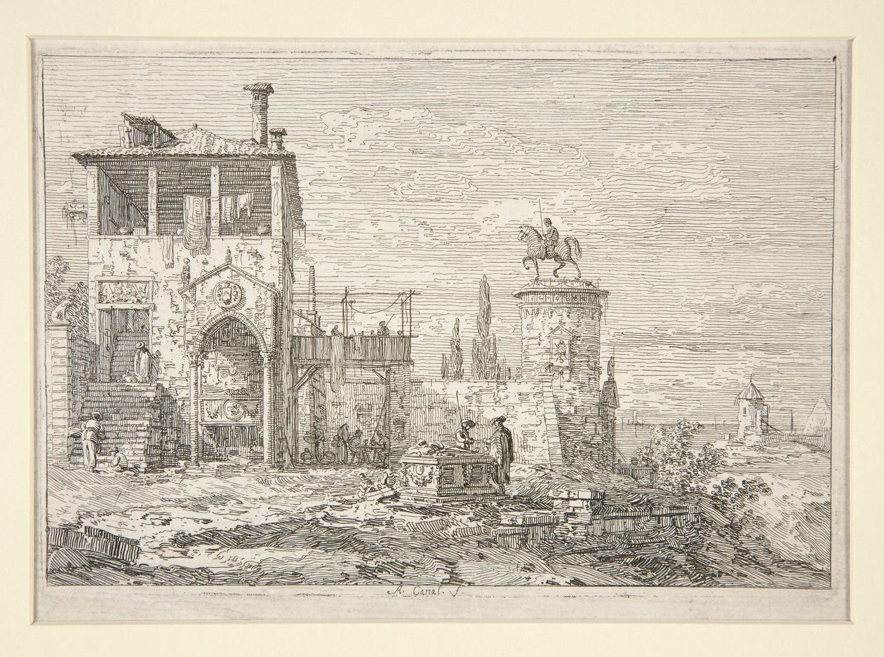 Ratsastusmonumentti sarjasta Vedute (Näkymät) tekijältä Canaletto (Giovanni Antonio Canal)