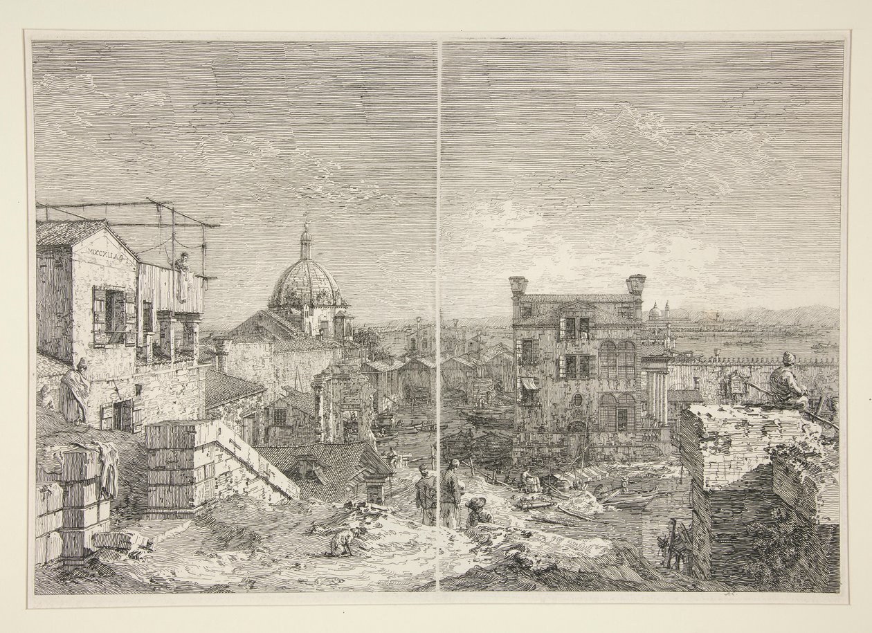 Talo, jossa on kirjoitus: MDCCXLI. A. C. [ja] House with the Peristyle ja Six Columns, sarjasta Vedute (Views) tekijältä Canaletto (Giovanni Antonio Canal)