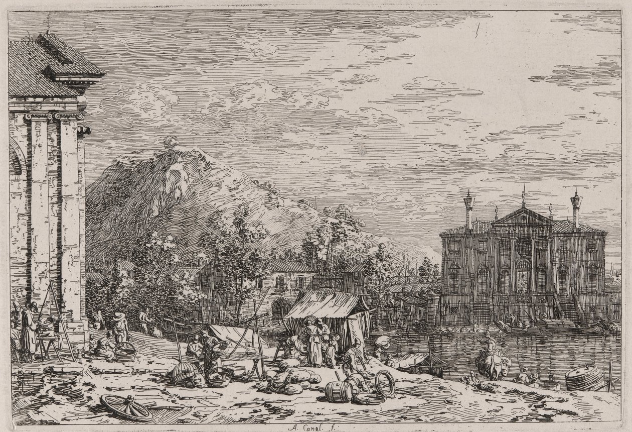 The Market at Dolo, sarjasta Vedute (Views) tekijältä Canaletto (Giovanni Antonio Canal)