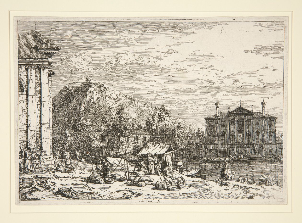The Market at Dolo, sarjasta Vedute (Views) tekijältä Canaletto (Giovanni Antonio Canal)